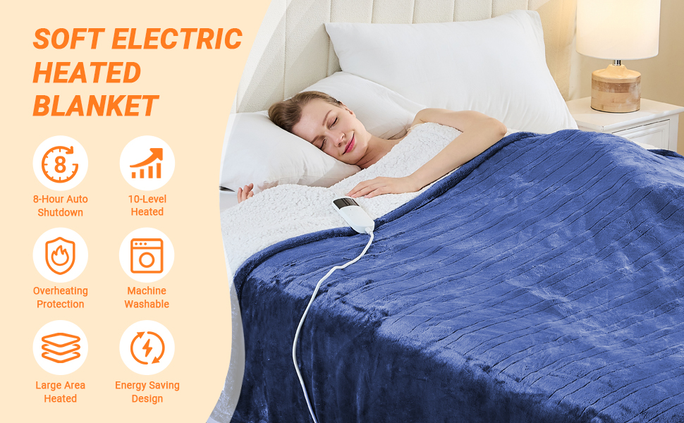 Електрична ковдра з підігрівом 130x180 см, 10 режимів нагріву, таймер автовимкнення, захист від перегріву, машинне прання, для холодних ночей (Скай Блакитний)