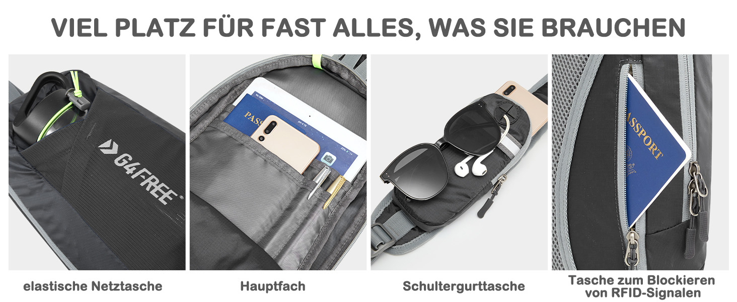 Сумка на плече G4Free з RFID-блокуванням, кросбоді рюкзак з передньою кишенею, для походів, щоденний рюкзак, нагрудна кишеня для жінок та чоловіків сірого кольору