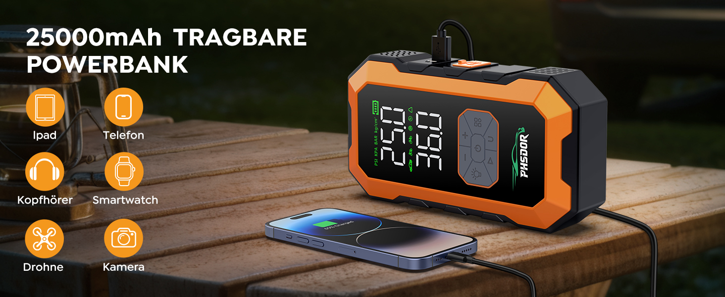 Пусковий пристрій (бустер) 8000A з компресором 150PSI та Powerbank 25000mAh для авто (бензин до 12л, дизель до 10л), з LED-ліхтарем, помаранчевий