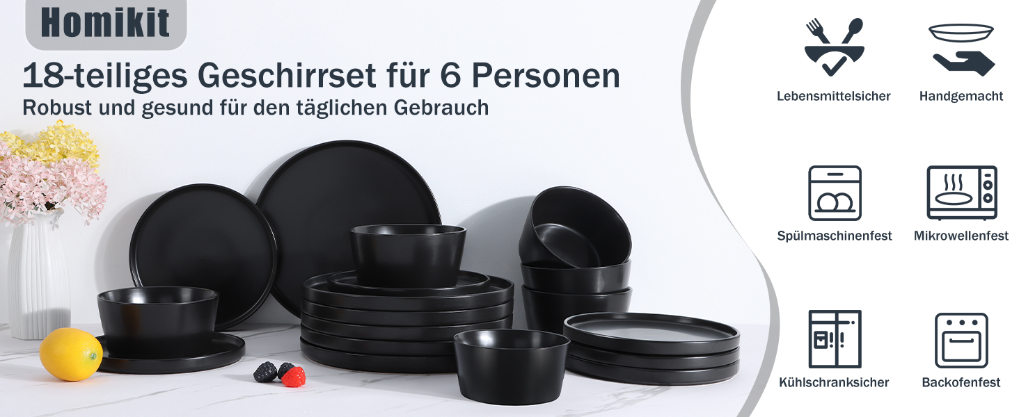 Набір посуду Homikit на 6 осіб: тарілки, миски, десертні тарілки, реактивна глазур, чорний колір, 18 шт.