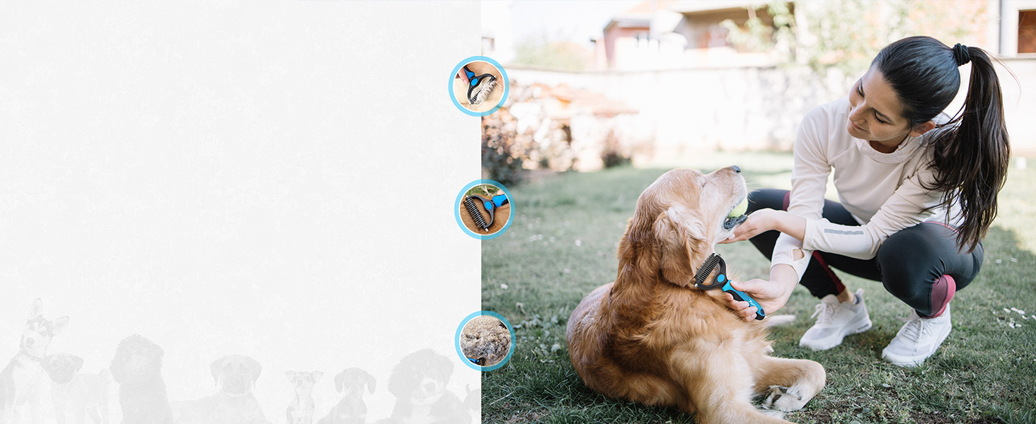 Професійна щітка для собак та котів Candure, довге волосся, догляд за шерстю, гребінець, двосторонні зубчики, 17+9, видаляє ковтуни, шерсть з меблів (Блакитна)