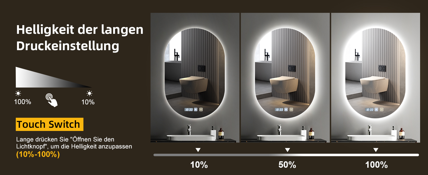 Дзеркало для ванної кімнати Viugreum з підсвічуванням 50x75 см, овальне LED дзеркало з регулюванням яскравості, 3 кольори світла, протитуманне покриття, годинник, сенсорне управління