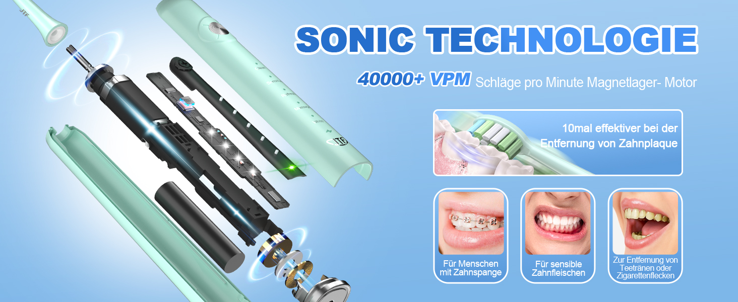 Електрична звукова зубна щітка JTF з 6 насадками 40000 VPM, 5 режимів, IPX7, таймер 2 хв, зелена