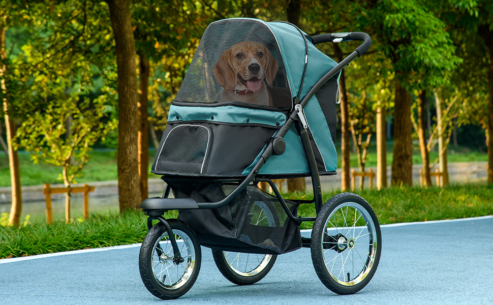 Візок для собак та котів PawHut, складний, до 20 кг, з великими колесами, з подушкою, сіткою та дверима, з кошиком для зберігання (темно-зелений)