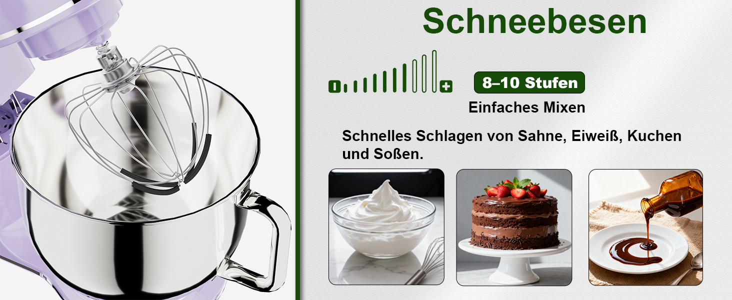 Кухонна машина Camic 2000W: планетарний міксер з чашею з нержавіючої сталі 7л, 10 швидкостями, набором насадок та захистом від бризок, світло-фіолетова