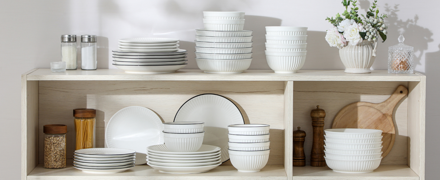 Набір посуду MALACASA LEILA на 6 осіб, 24 предмети: тарілки, миски, посуд з порцеляни з ручним рельєфним дизайном, безпечний для мікрохвильової печі та посудомийної машини, білий