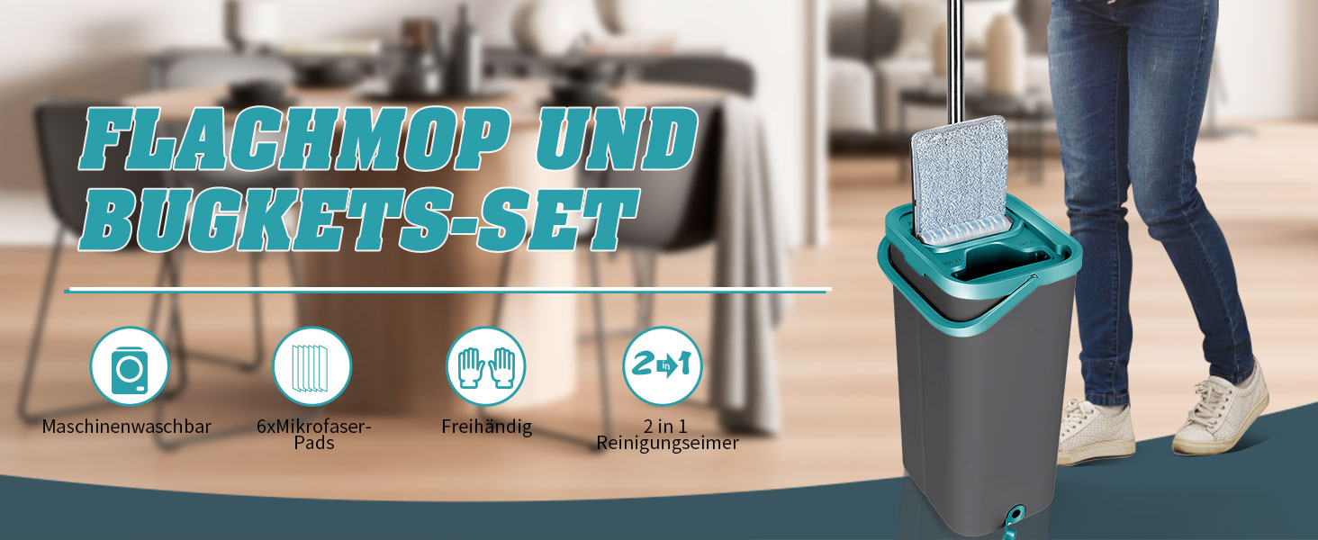 Набір для миття підлоги з відром, Masthome, компактний, з віджимом, 3 мікрофібрових насадок, нержавіюча сталь, 2 в 1, для дерев'яних, плиткових та мармурових підлог (сірий+блакитний, 3.7л)