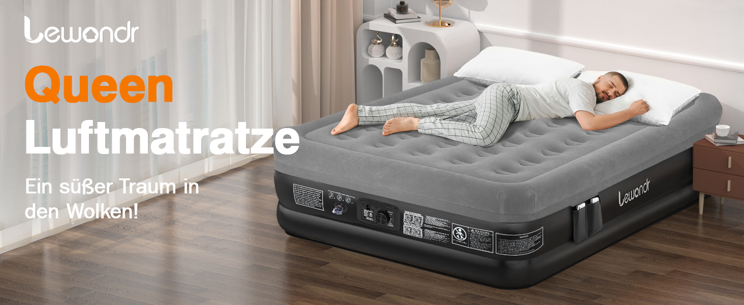 Надувне ліжко Lewondr на 2 особи з вбудованим насосом, 203x152x46 см, сірого кольору. Комфортна повітряна матрац для дому, відпочинку, кемпінгу та гостей. Максимальне навантаження 300 кг.