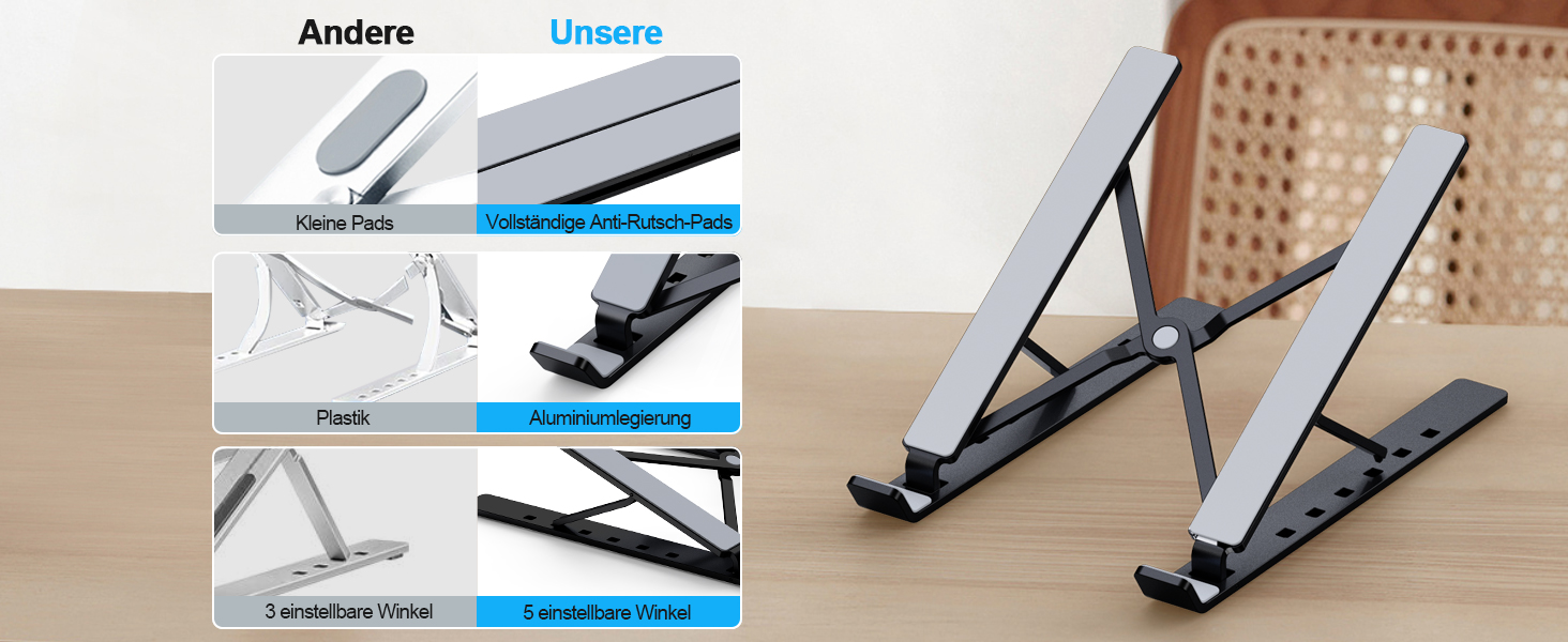 Підставка для ноутбука Babacom, алюмінієва, 5-рівнів, регульована висота, вентильована, сумісна з MacBook Pro Air та іншими ноутбуками 10-15.6” та планшетами (чорна)