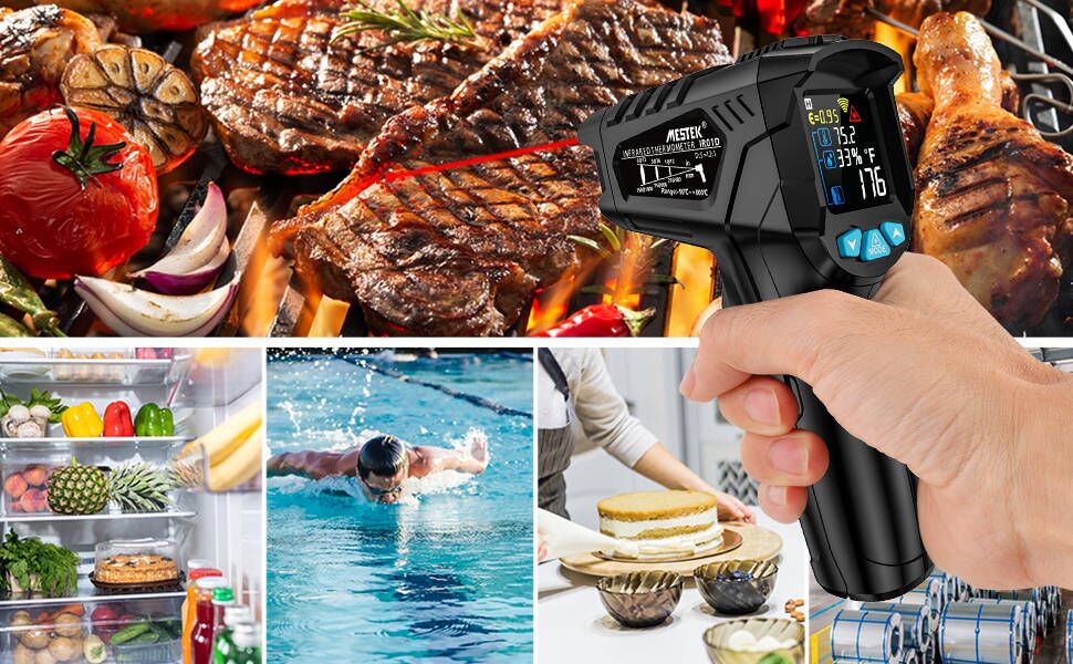 Інфрачервоний термометр MESTEK: безконтактне вимірювання температури (-50°C ~ 800°C) з лазерним цільовим покажчиком, LCD дисплеєм та регулюванням коефіцієнта випромінювання. Підходить для кухні, грилю, морозильної камери, промисловості.