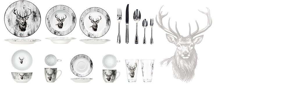 MamboCat Alois Сервіз на 12 осіб з порцелянового посуду з декором оленя (6 супових та 6 обідніх тарілок)