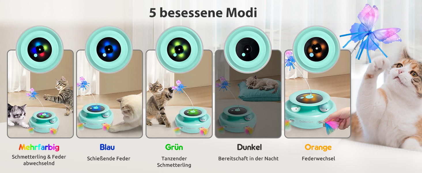 GoldenSun Cat Toy, 3 in 1 Electric Interactive Automatic Toy for Cats, Whack-A-Mole, Fluttering Butterfly, includes Ball, USB Rechargeable Cat Teaser with 6 Attachments (Green)