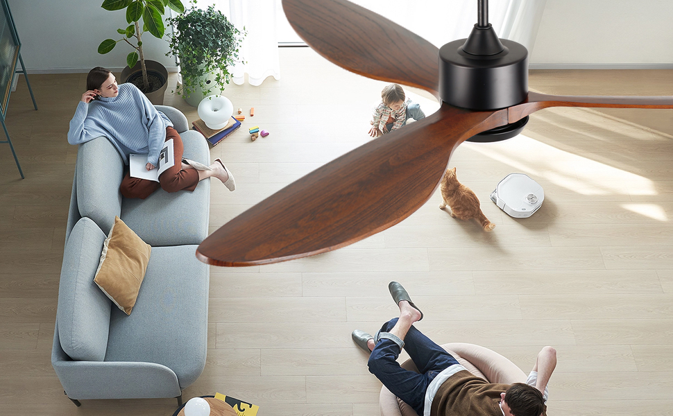 Стеляний вентилятор Ovlaim з підсвічуванням та пультом керування, тихий DC мотор, 3 лопаті, Smart, для вітальні/спальні, натуральний & срібний (колір: коричневий, діаметр: 165 см)