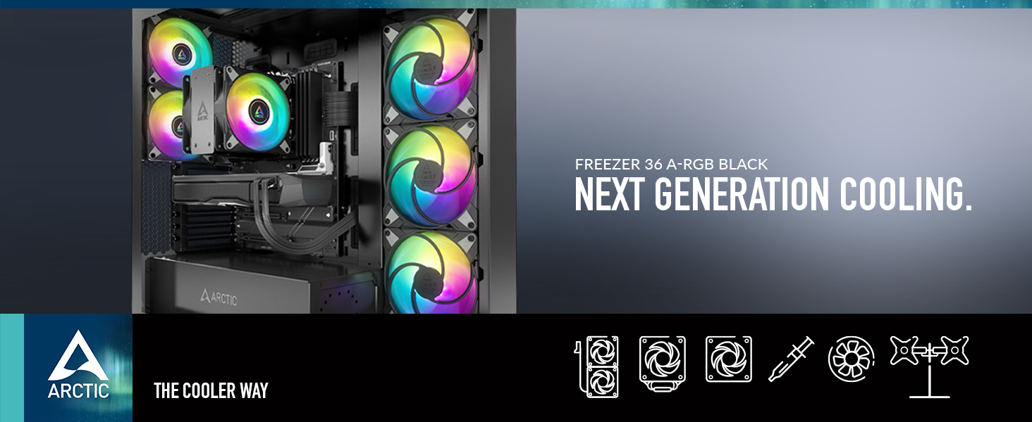 ARCTIC Freezer 36 A-RGB: Кулер для CPU з Push-Pull та RGB підсвічуванням для Intel та AMD, Single-Tower, 2 вентилятори 120 мм, 200–2000 rpm, гідродинамічне підшипник, з термопастою MX-6, Чорний