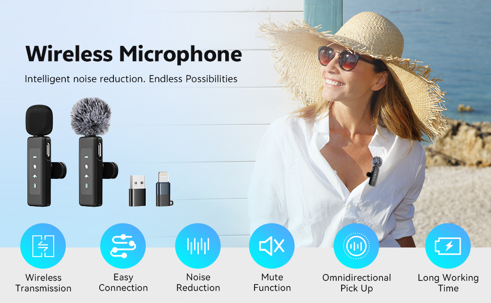 Бездротовий петличний мікрофон для iPhone/Android/iPad/комп'ютера, з шумозаглушенням, для запису відео, інтерв'ю, YouTube, Vlog, чорний