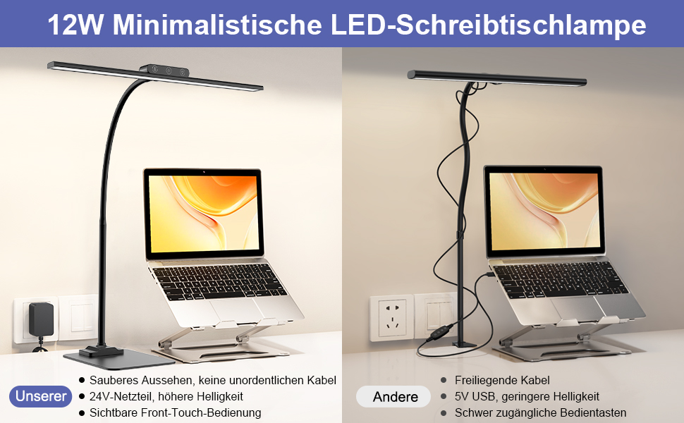 LED Desk Lamp with Adjustable Neck, 1200 Lumens, Dual Head Clamp-On for Home Office, Eye Protection, Gooseneck, Office Table Lamp, Monitor Light with 5 Color Temperature & Brightness Levels (Black-Metal Base)