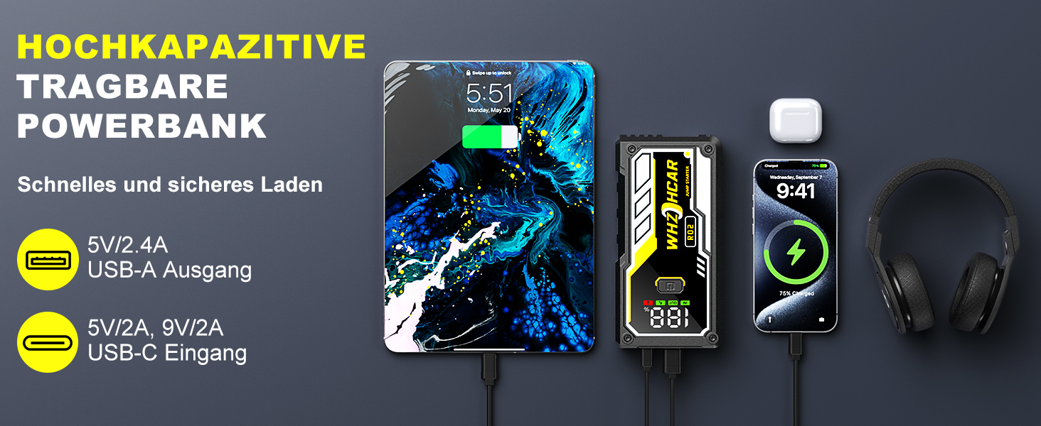 Powerbank для автомобіля 8000A 12V – Пусковий пристрій, бустер для акумулятора, зарядний пристрій для бензинових та дизельних авто (до 10л) з LCD дисплеєм, LED ліхтарем та кабелями для підключення (чорний)