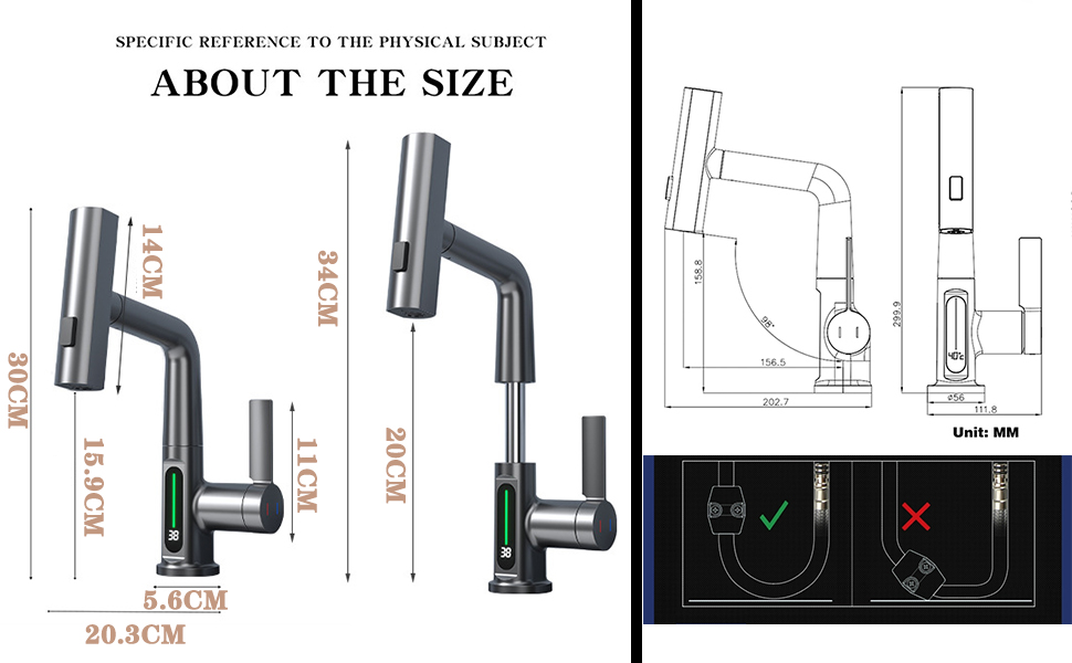 Чорний кухонний змішувач з висувною лійкою, 3 режими, LED-індикатор температури, поворотний на 360°, для високого тиску, регульована висота