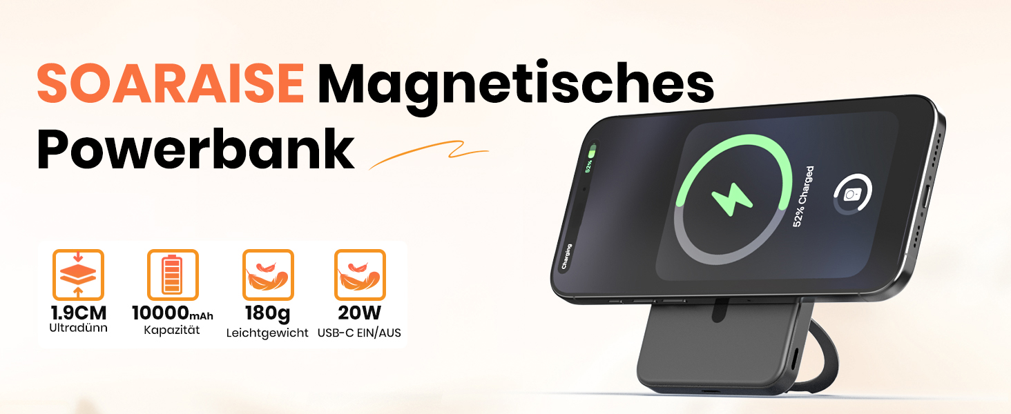 Портативний зарядний акумулятор SOARAISE 10000mAh з PD 20W, USB-C та бездротовою зарядкою, LED дисплеєм, чорний