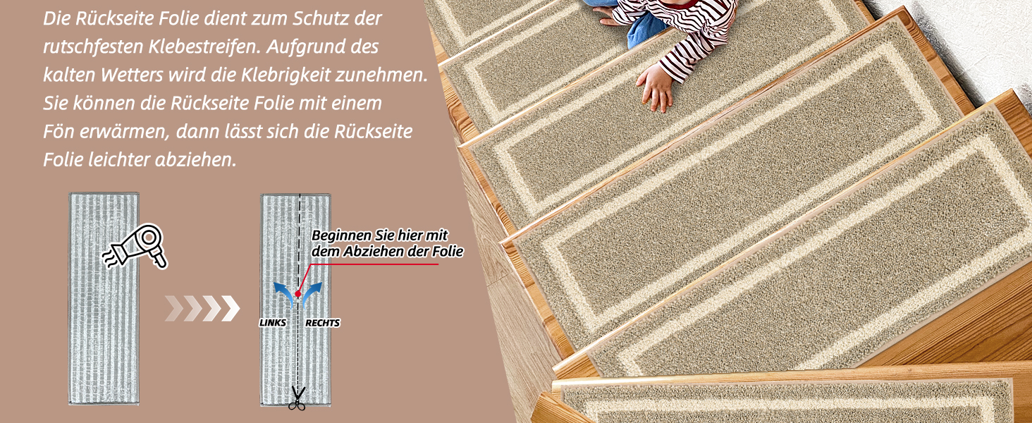 Ковзаючі килимки на сходи Cosy Homeer, 70x22 см, 15 шт., самоклеючі, антиковзаючі, машинне прання, 100% поліестер, TPE-підкладка, бежевий (4 шт.)