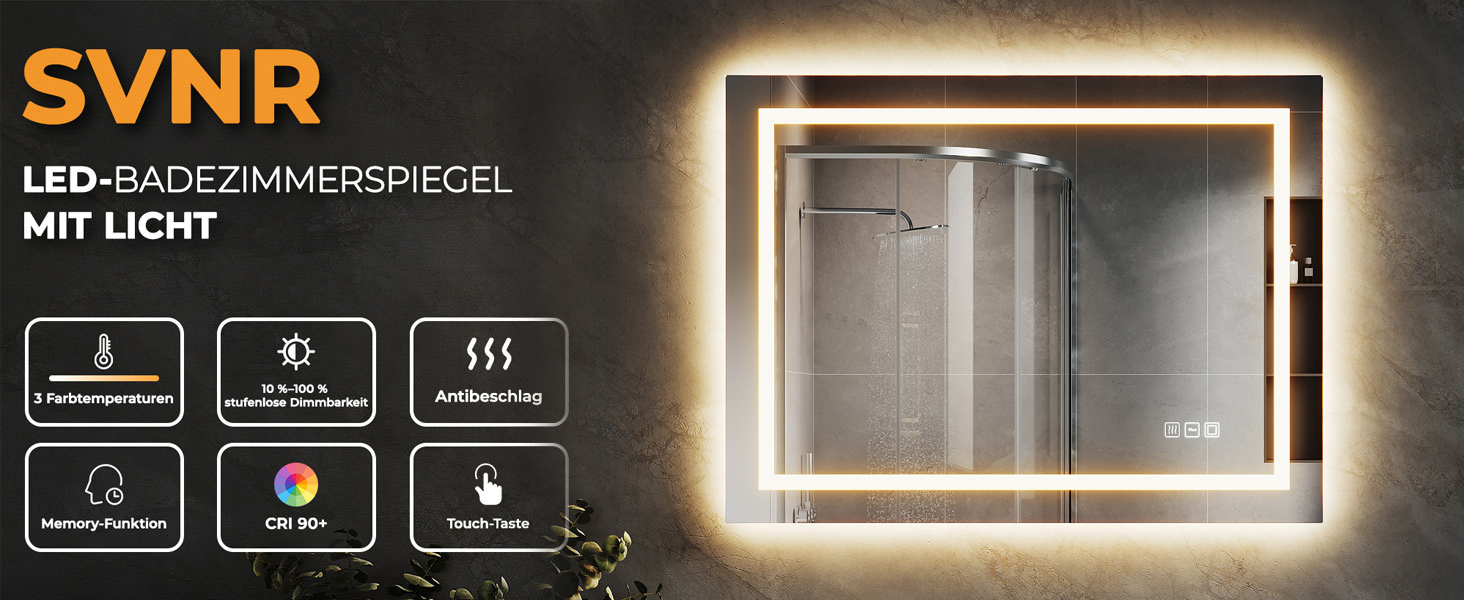 Дзеркало для ванної кімнати SVNR з підсвічуванням, 40x60 см, LED, алюмінієва рама, захисне скло, IP44, сенсорне керування