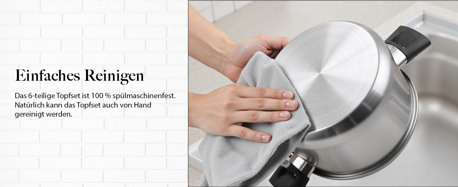 Набір каструль 6-ти частинний з нержавіючої сталі для індукційних плит, Cookware Set, без антипригарного покриття, сумісний з усіма типами плит, з кришкою та захистом від опіків, придатний для миття в посудомийній машині
