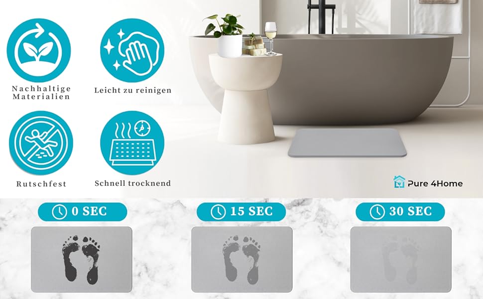 Діатомітовий килимок для ванної Pure 4Home Kieselgur, швидкосохнучий та антибактеріальний, протиковзкий, сірий, 45 x 35 см