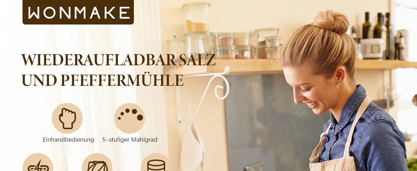Електричні мельниці для солі та перцю WONMAKE з регульованим керамічним млинком, USB-зарядка, LED-підсвічування, великий об'єм, нержавіюча сталь