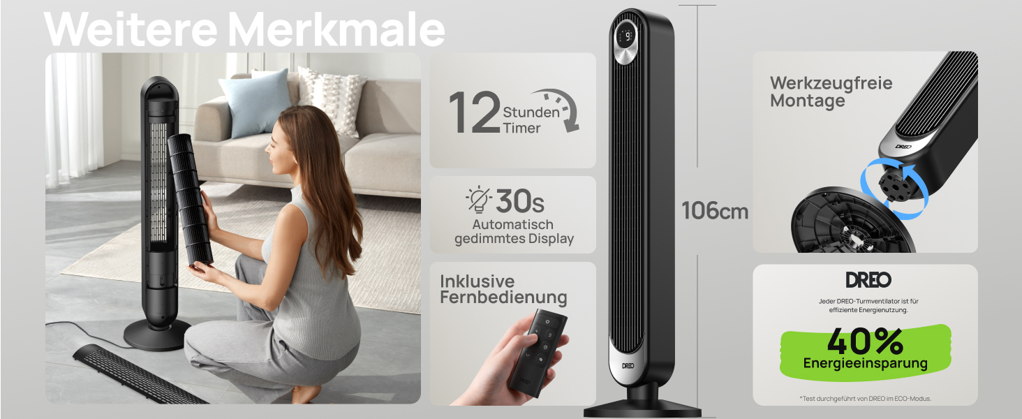 Дрео розумний вентилятор з мотором DC 20dB, 11 м дальность, з пультом керування, 9 режимів, 4 моди, 90° осциляція, голосове керування, таймер 12H, Wi-Fi, для спальні