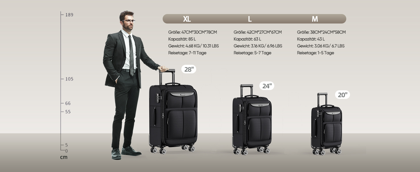 Набір тканинних валіз SHOWKOO з 3 предметів (M, L, XL), розширювані дорожні валізи-тролеї з TSA-замком та 4 колесами, легкі та міцні