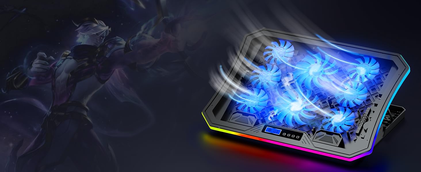Ігровий охолоджувач для ноутбука MOOJAY RGB, підставка з 8 тихими вентиляторами, регулювання висоти, тримач для смартфона, для ноутбуків 15.6-17.3 дюймів, синя LED-підсвітка