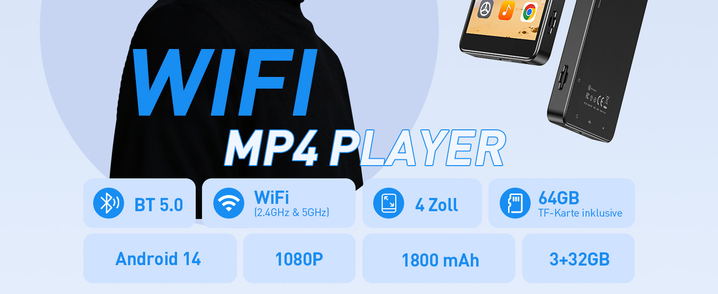 MP3 плеєр AGPTEK з Bluetooth та Wi-Fi, Android 14, 4