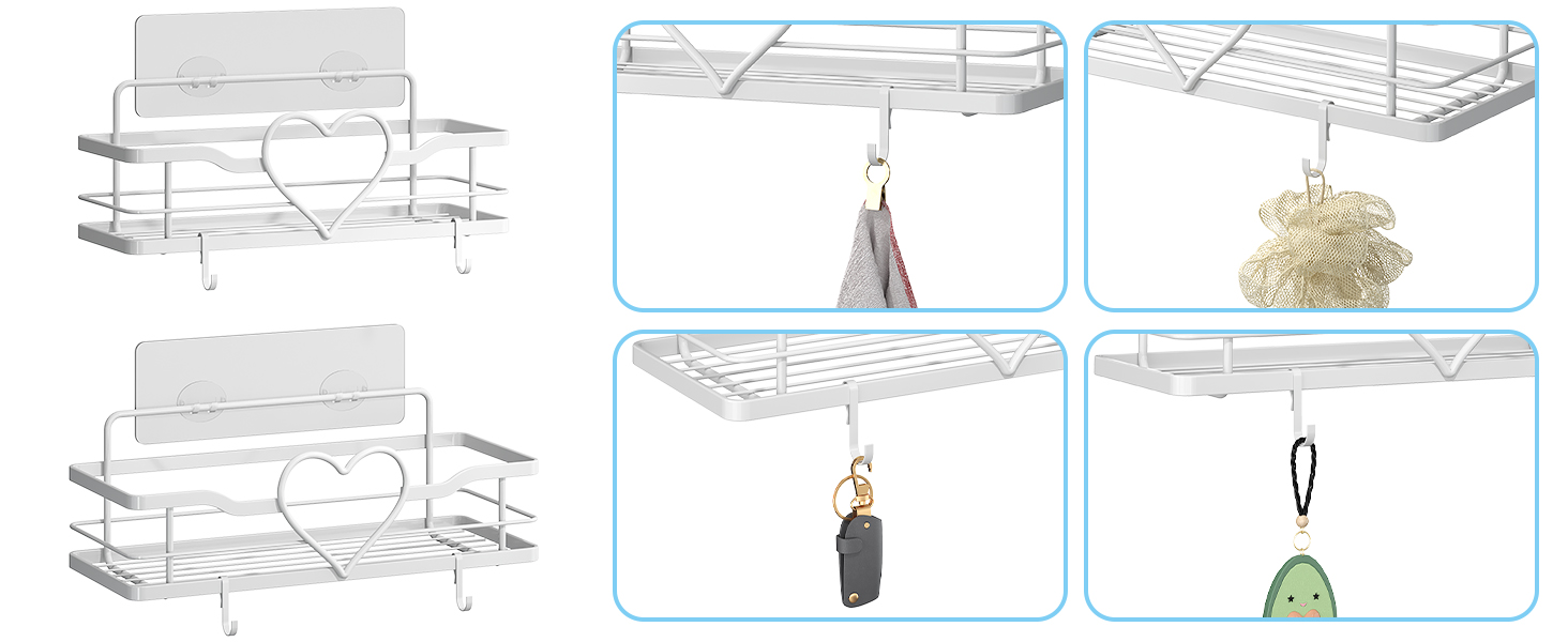 Двосекційна поличка для душу без свердління з 4 гачками, органайзер для шампуню та мила, поличка для ванної кімнати (11.5 см, білий)