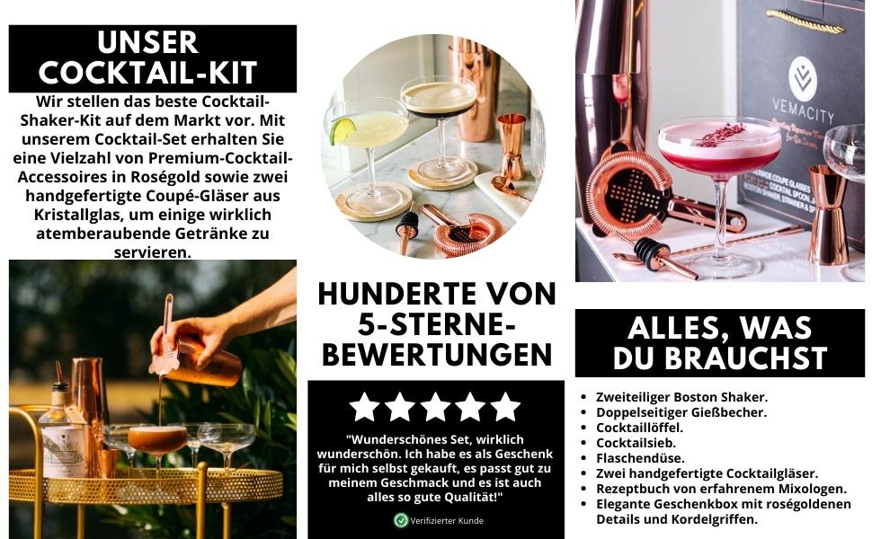 Набір для коктейлів з шейкером та 2 бокали Мартіні, рожеве золото, аксесуари для бармена, подарункова коробка з рецептами