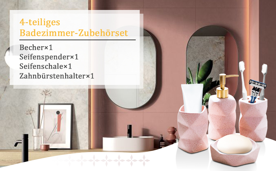 Набір для ванної кімнати 4 предмети, кераміка, рожевий: дозатор для мила, мильничка, стакан для зубних щіток, підставка для зубних щіток - декор для ванної