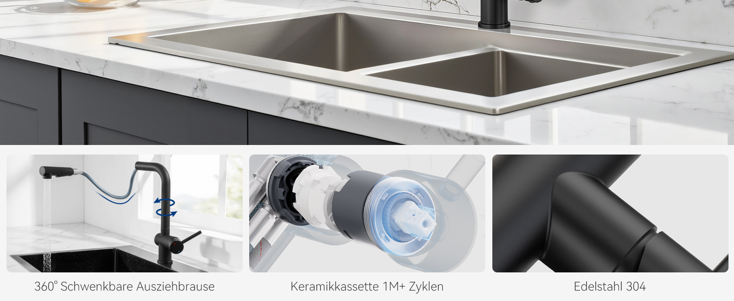 Кран кухонний CECIPA Hochdruck чорного кольору, висувна модель з душем, двома режимами струменя, поворотний на 360°, з нержавіючої сталі, ×207B (L-подібний, високий тиск)