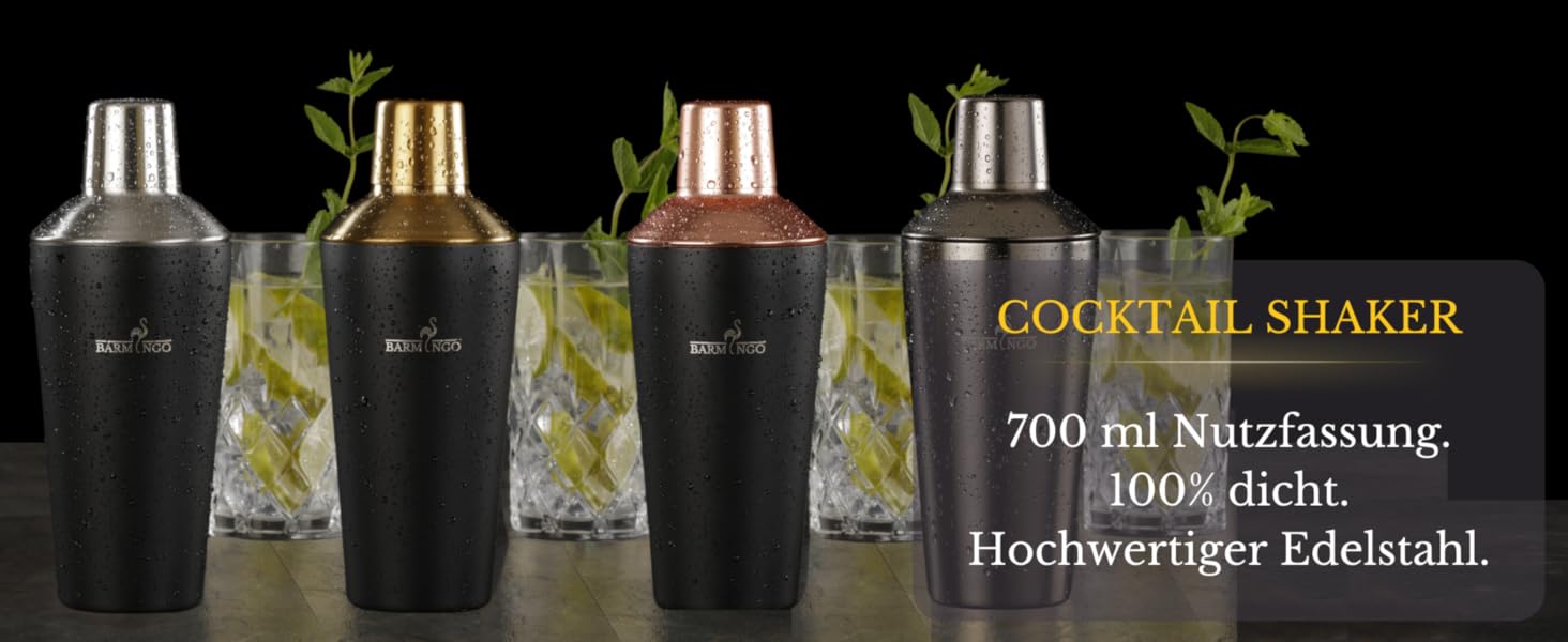 BARMINGO Stainless Steel Cocktail Set - 11 Piece Bar Set with Shaker, Stand & Accessories | Cocktail Shaker Set | Bartender Set | Cocktail Mixing Set | Bar Set | Gift Set | Black Metallic Black