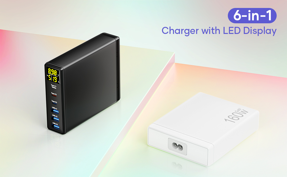 Зарядний пристрій USB-C 160W GaN 6 портів з LED дисплеєм, мережевий адаптер 3x USB-C + 3x USB-A, PPS PD 3.0 для MacBook Pro, iPhone, iPad, Samsung