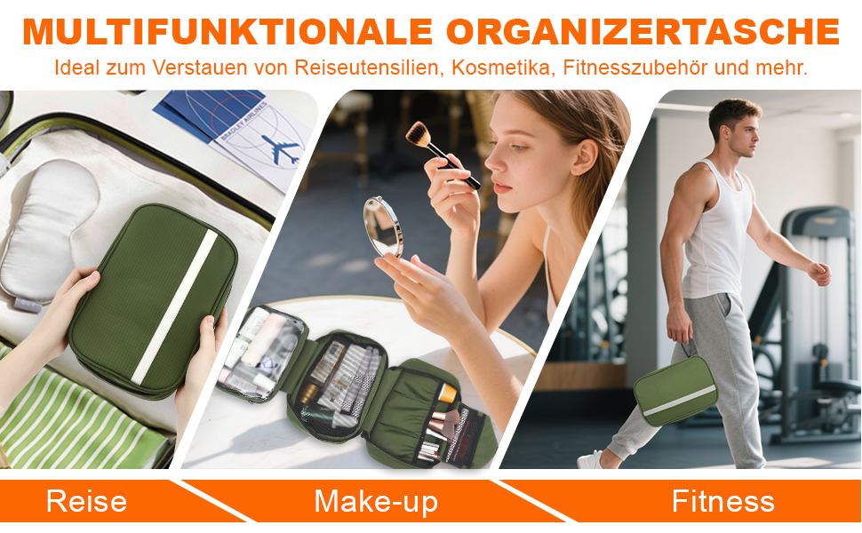 Чоловіча та жіноча косметичка для подорожей з відділеннями, водонепроникна, з гачком, зелена