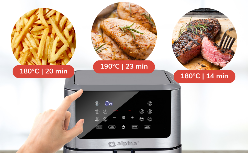 Фритюрниця Alpina Heißluft XXL: Цифрова фритюрниця Air Fryer на 8 літрів, 1800W, для 4-6 осіб, з таймером до 2 годин, 80-200°C