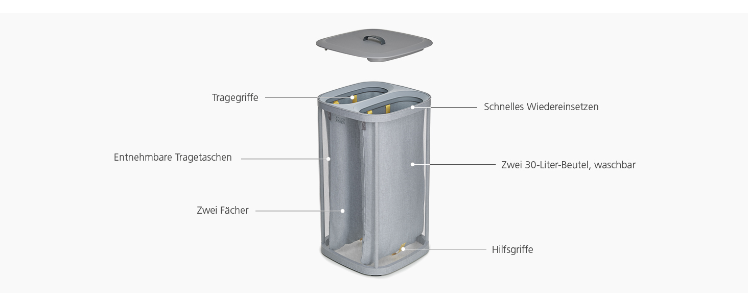 Joseph Joseph Laundry 2-Piece Set - Hold-All 35L Foldable Laundry Hamper and Tota 60L Laundry Basket with Lid with 2 Compartments and Removable Bags - Grey