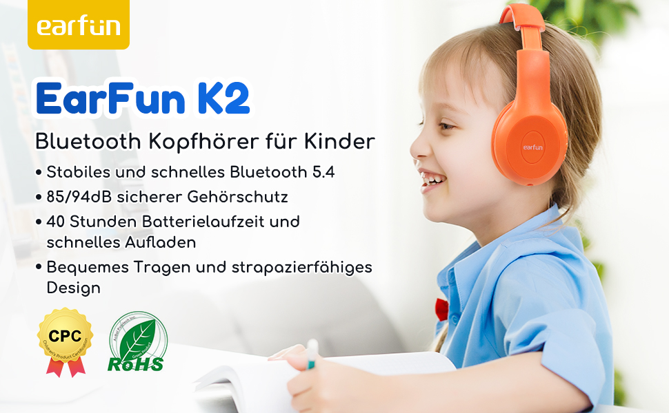 Бездротові навушники EarFun для дітей з Bluetooth, регулюванням гучності 85/94 дБ, Hi-Fi звук, HD-мікрофон, 40 годин роботи акумулятора, складні, регульовані, для школи/подорожей/ПК, помаранчеві