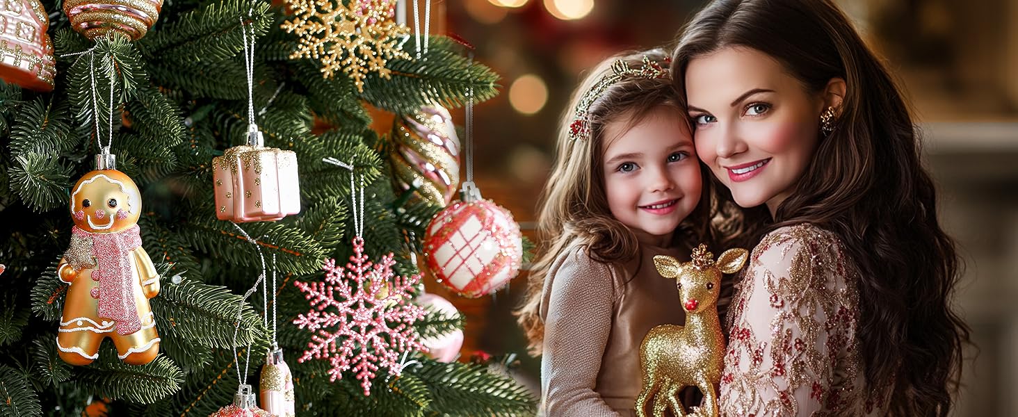 Набір прикрас на ялинку Shareconn 65 шт. - пластикові ялинкові кулі, міцні, з мотузкою, різні розміри та кольори (червоний, білий, рожевий, золотий)