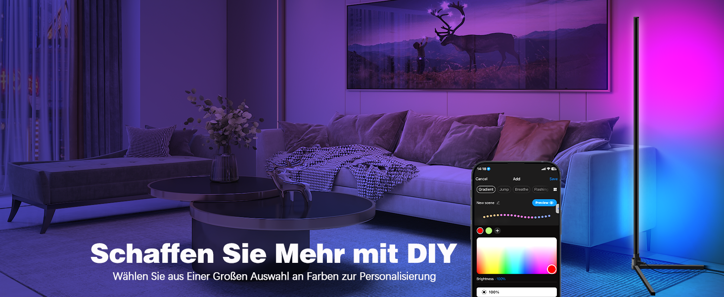 LED кутова лампа Fortand з Wi-Fi, RGB, диммування, сумісна з Alexa/Google Home, з пультом, 155 см, трикутна база
