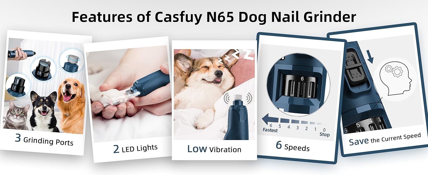 Електричний точилка для кігтів собак Casfuy - 6 режимів, 45 дБ, з LED-підсвіткою, для великих, середніх та малих порід, з захистом від пилу (білий/блакитний)
