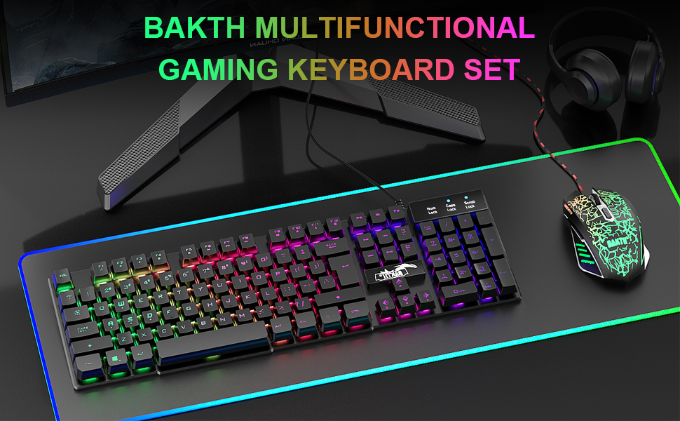 BAKTH Комплект клавіатури та миші для геймінгу, LED-підсвічування QWERTZ DE, вологостійкий, 2400 DPI для професійних геймерів