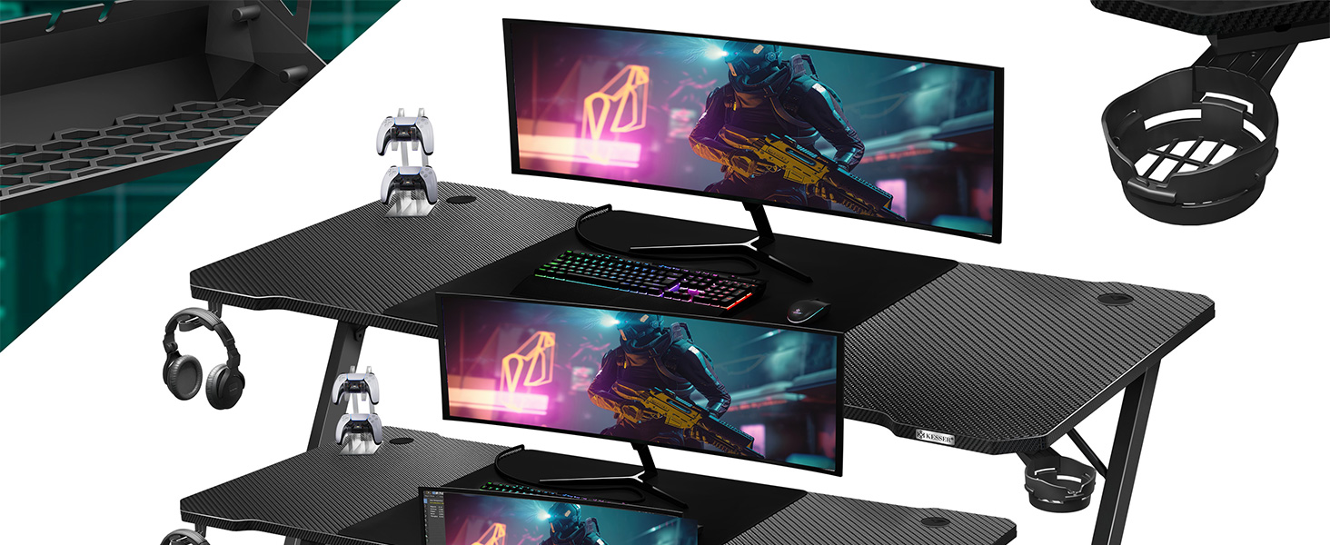 Ігровий стіл KESSER Gaming 120x60 см, Z-подібний ергономічний комп'ютерний стіл з карбоновим покриттям, підставкою для напоїв та гачком для навушників, чорний