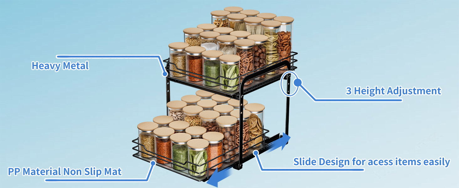 AIRUJIA Pull-Out Spice Rack, 2-Tier Dish Cabinet Organizer, Spice Rack Cabinet, Spice Rack, Lift-Up Bathroom Sink Shelf, Spice Organizer for Kitchen, L26.4*W23.2*H23CM