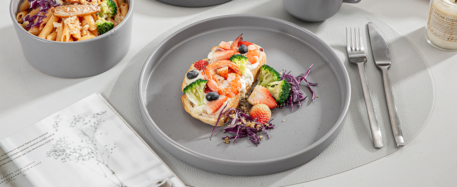 Набір посуду Vancasso SESAM Serie Steingut (16 предметів) для 4-12 осіб – тарілки, миски, чашки, скандинавський дизайн, темно-сірий, біло-сірий, блакитний, зелений