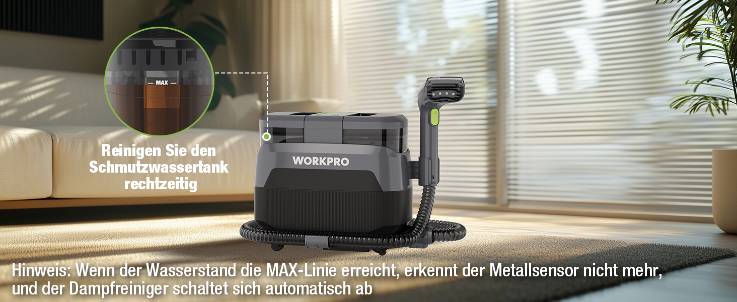 WORKPRO Мийний пилосос для килимів та м'яких меблів, 16 kPa, 4 режими очищення, насадки для килимів, диванів, матраців, вікон, видалення тваринських плям